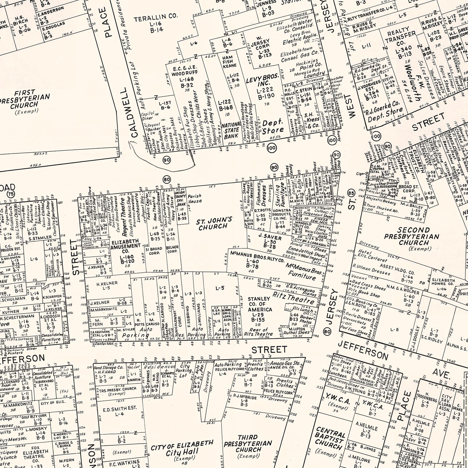 Vintage Map of Elizabeth, NJ Business Section 1947