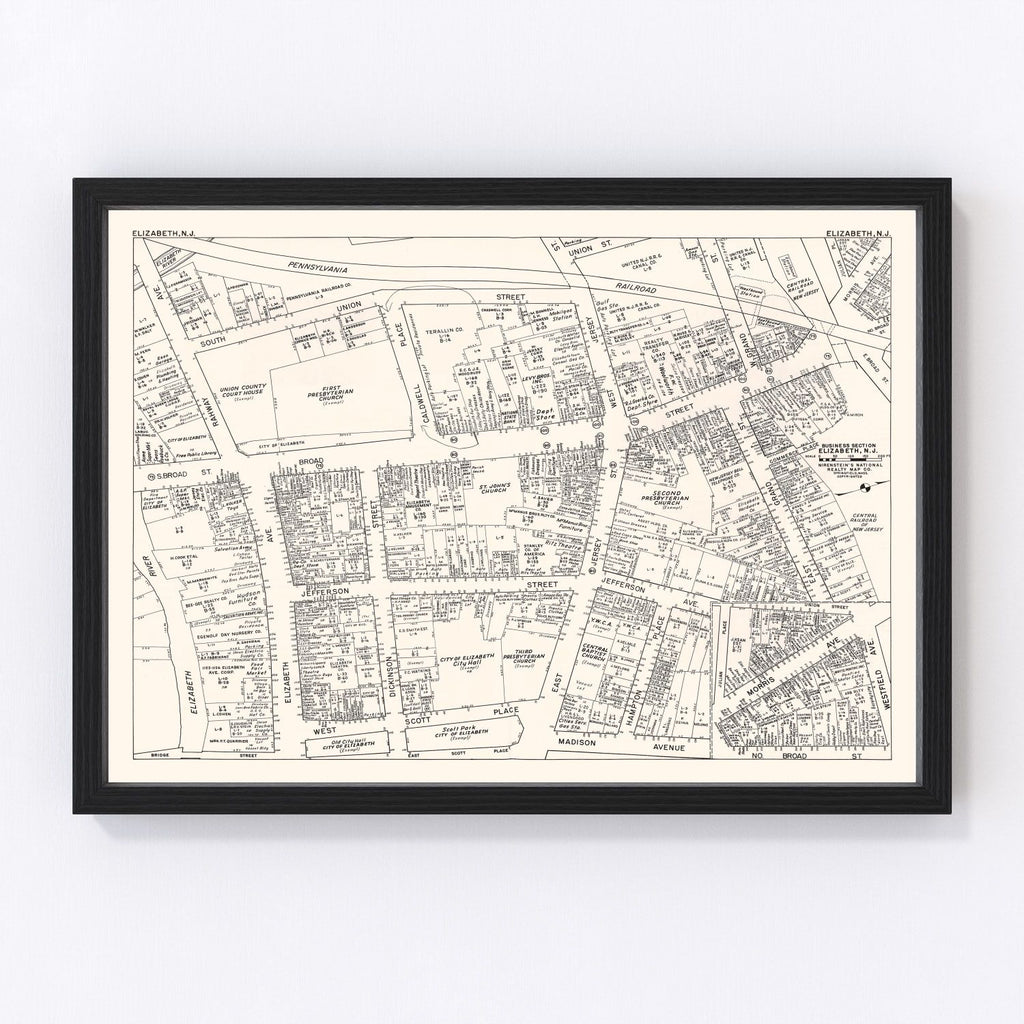 Vintage Map of Elizabeth, NJ Business Section 1947