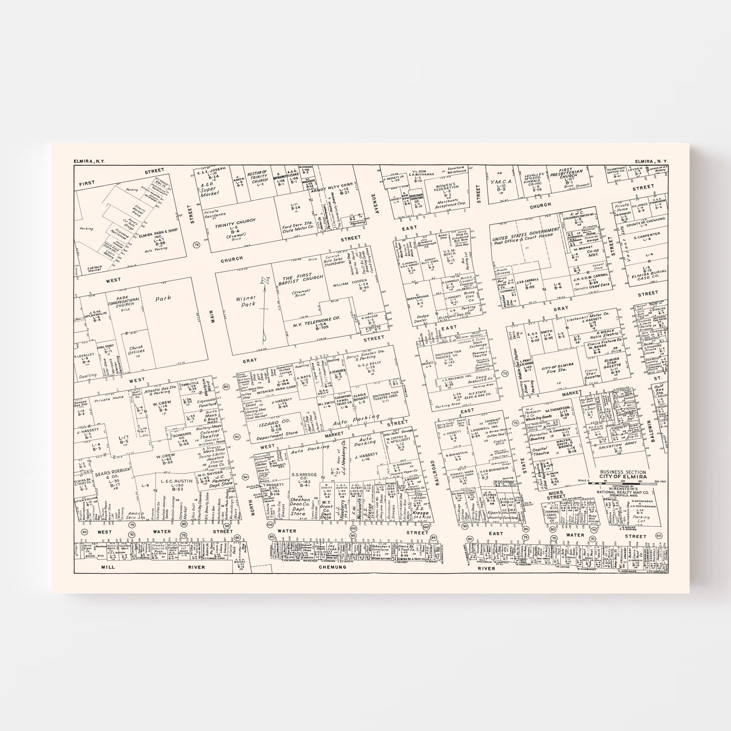 Vintage Map of Elmira, NJ Business Section 1947