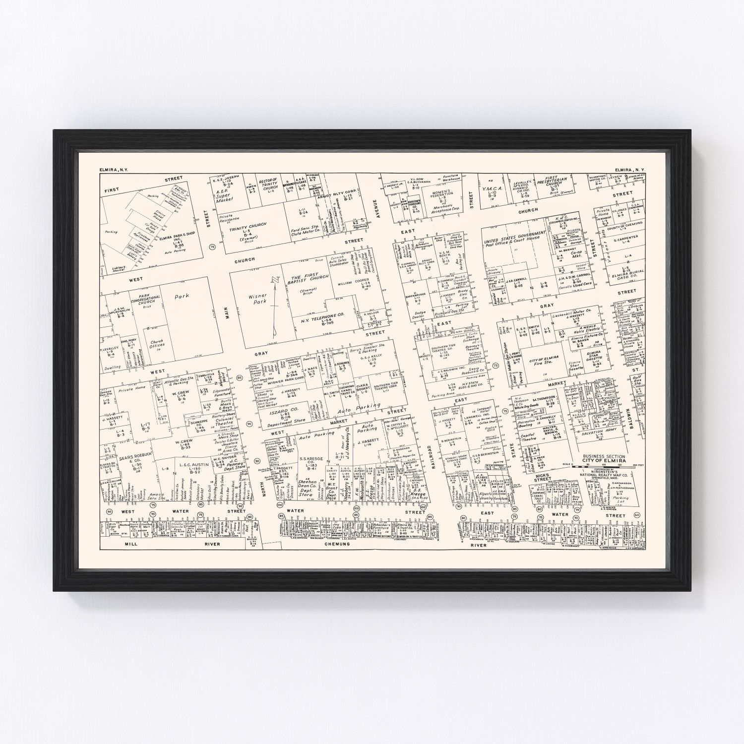 Vintage Map of Elmira, NJ Business Section 1947
