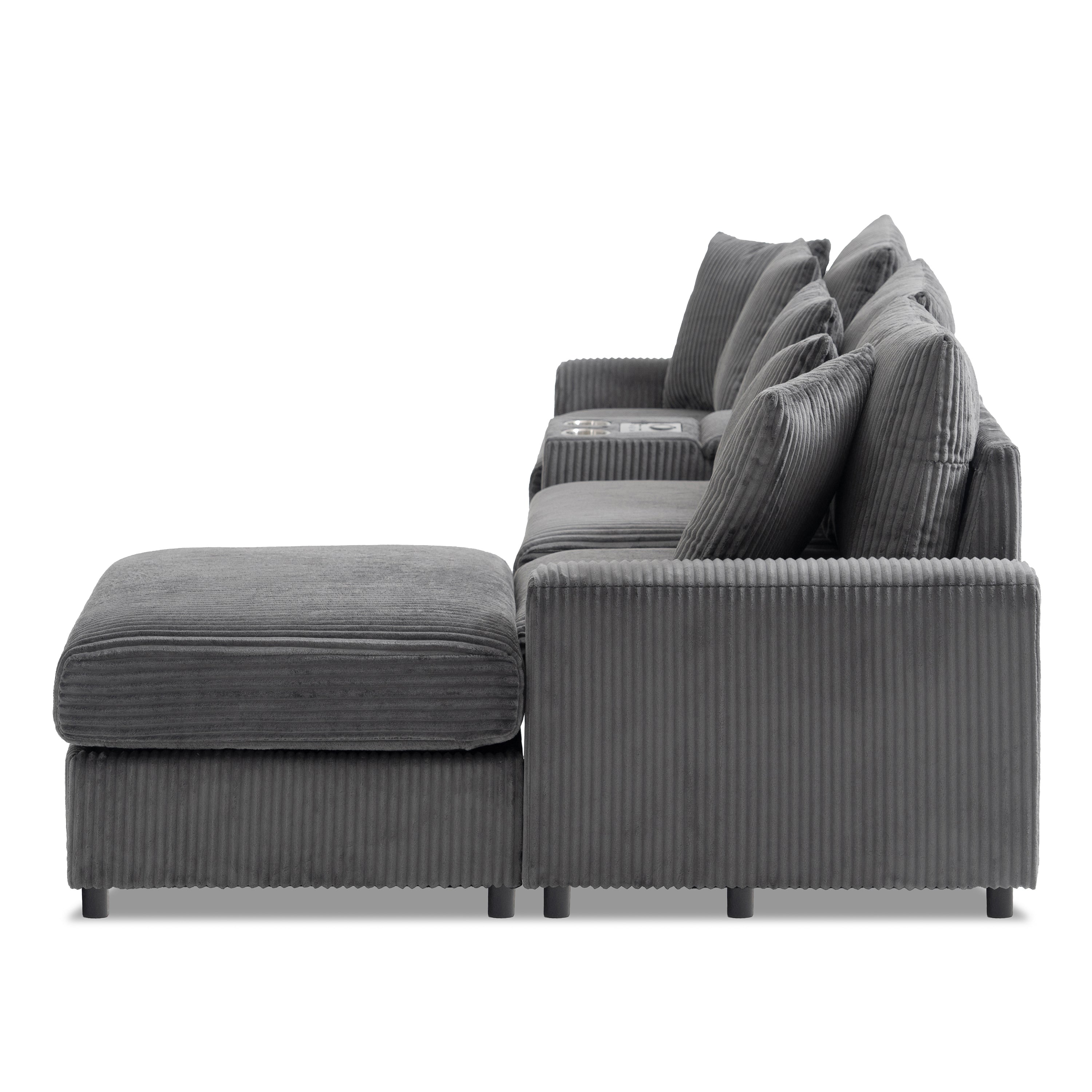 Modular Corduroy Sectional Sofa with Bluetooth Speakers, USB Charger, Cup Holders, Storage, and Ottoman in Dark Gray