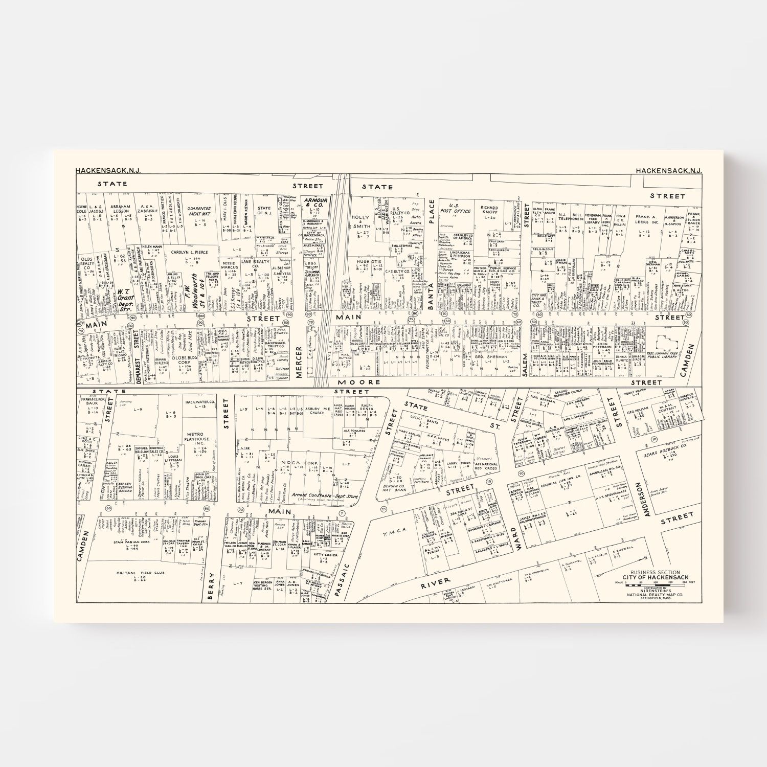 Vintage Map of Hackensack, NJ Business Section 1947