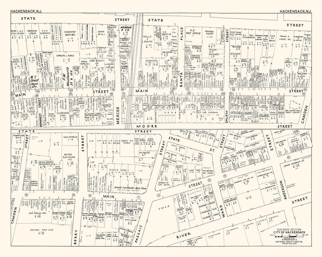 Vintage Map of Hackensack, NJ Business Section 1947