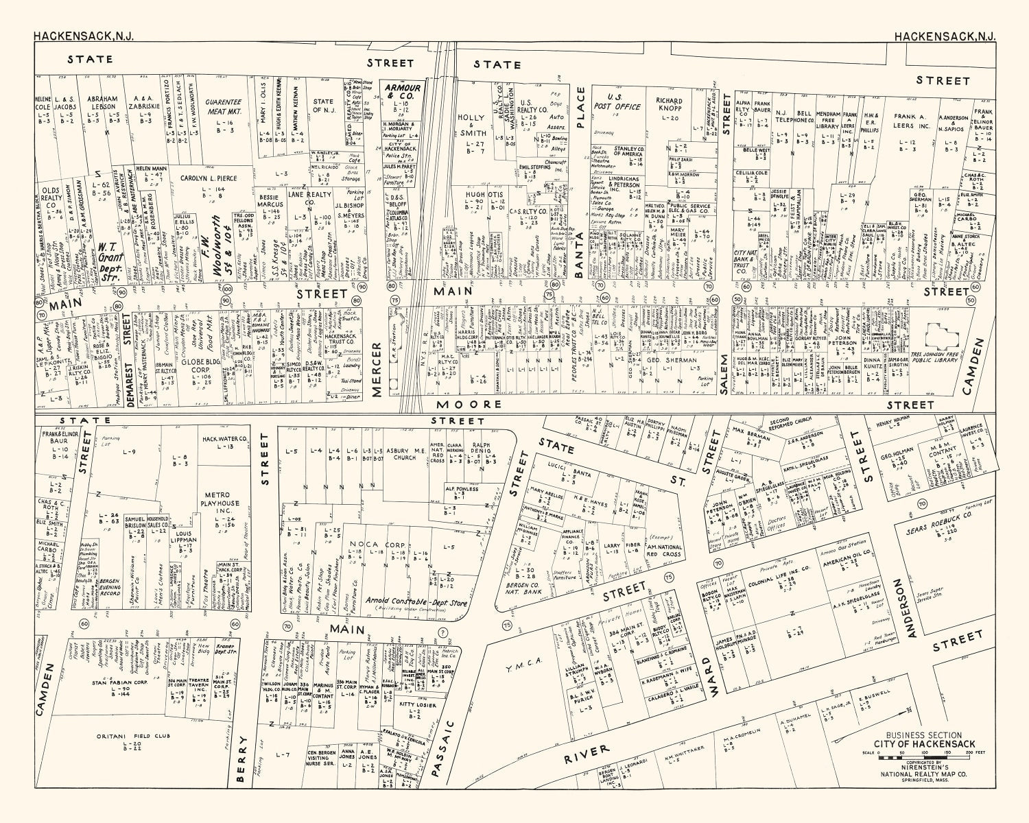 Vintage Map of Hackensack, NJ Business Section 1947