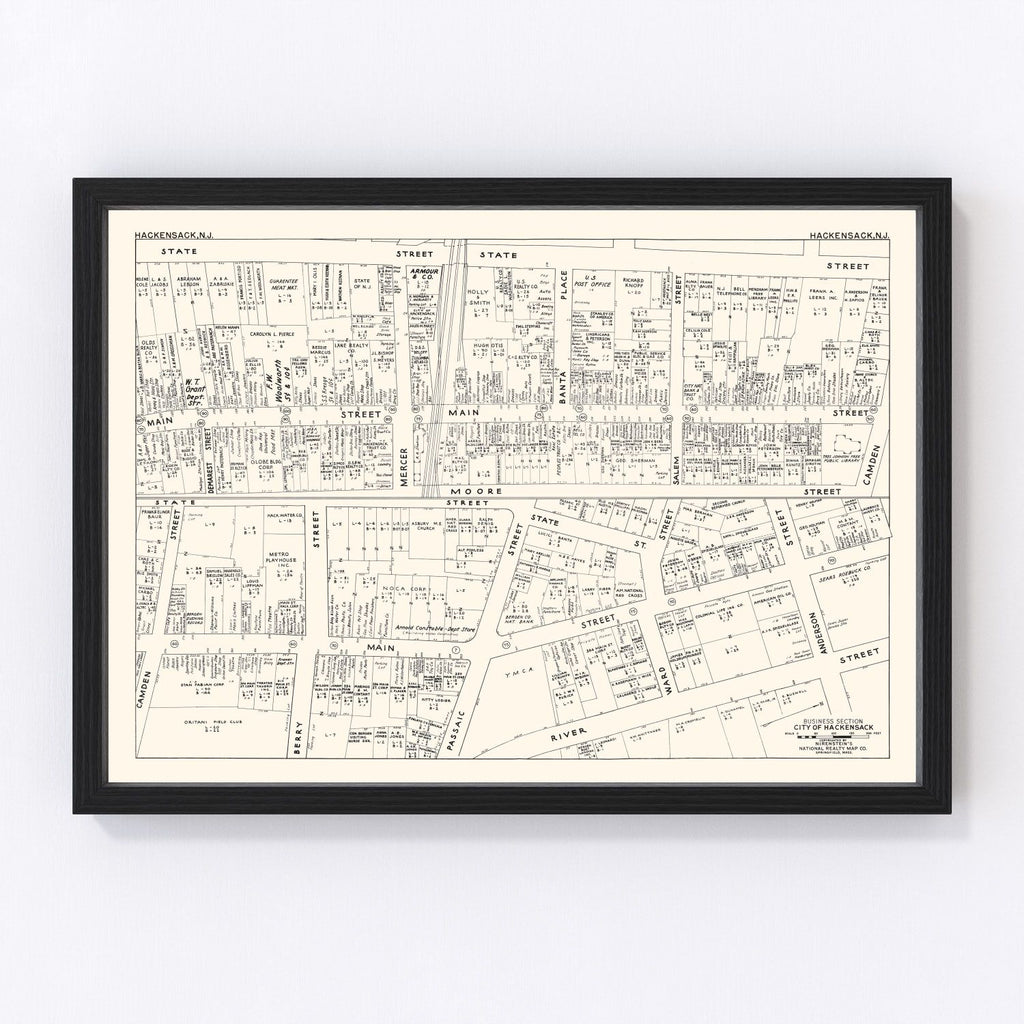 Vintage Map of Hackensack, NJ Business Section 1947