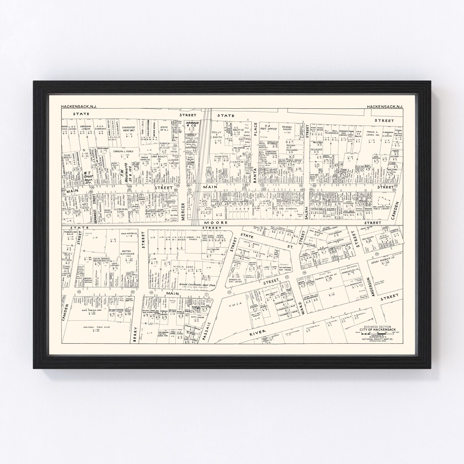 Vintage Map of Hackensack, NJ Business Section 1947