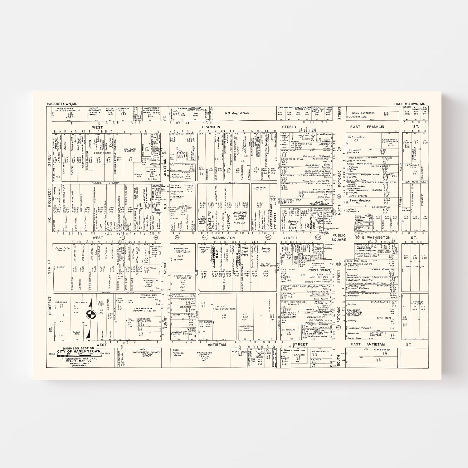 Vintage Map of Hagerstown, MD Business Section 1947