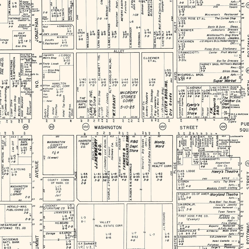 Vintage Map of Hagerstown, MD Business Section 1947