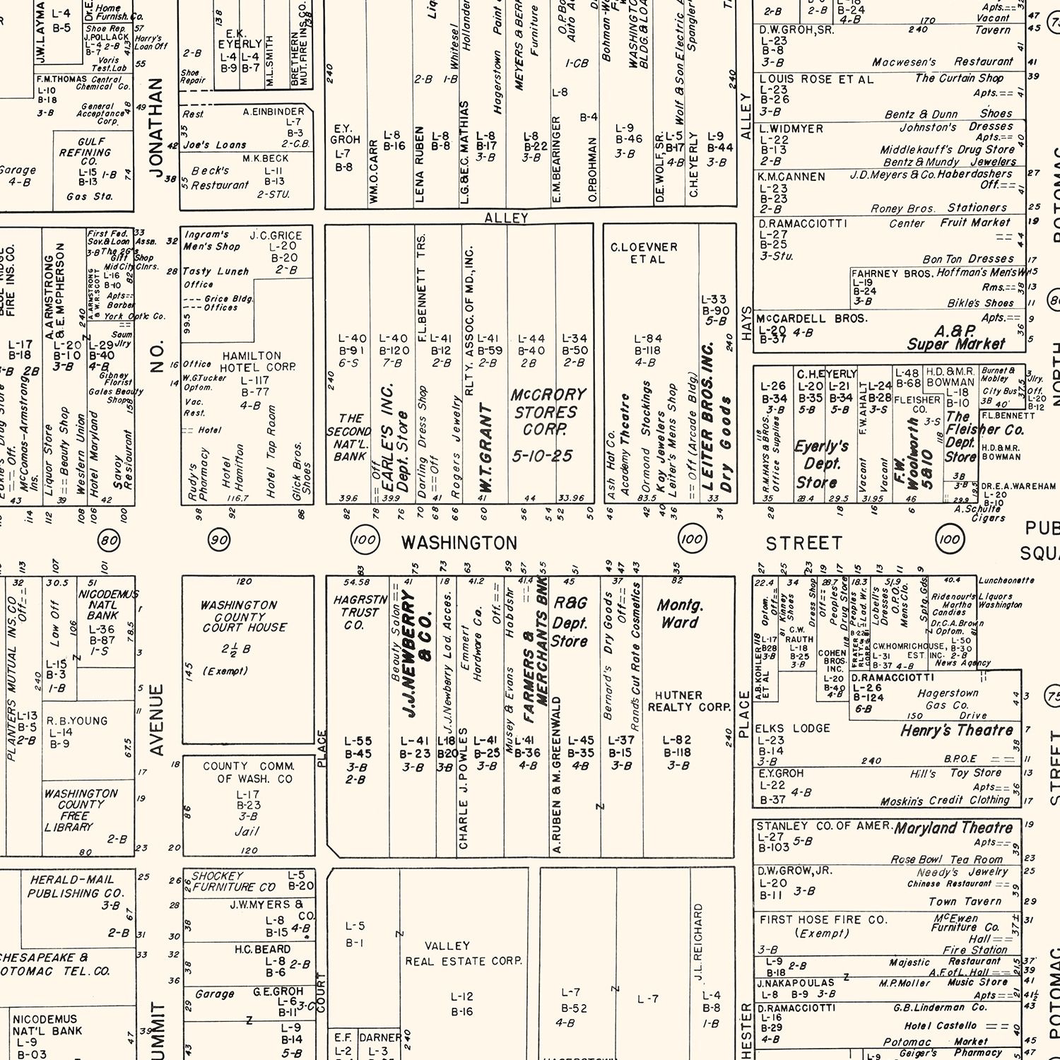 Vintage Map of Hagerstown, MD Business Section 1947