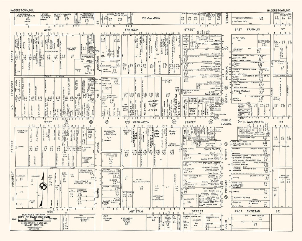Vintage Map of Hagerstown, MD Business Section 1947