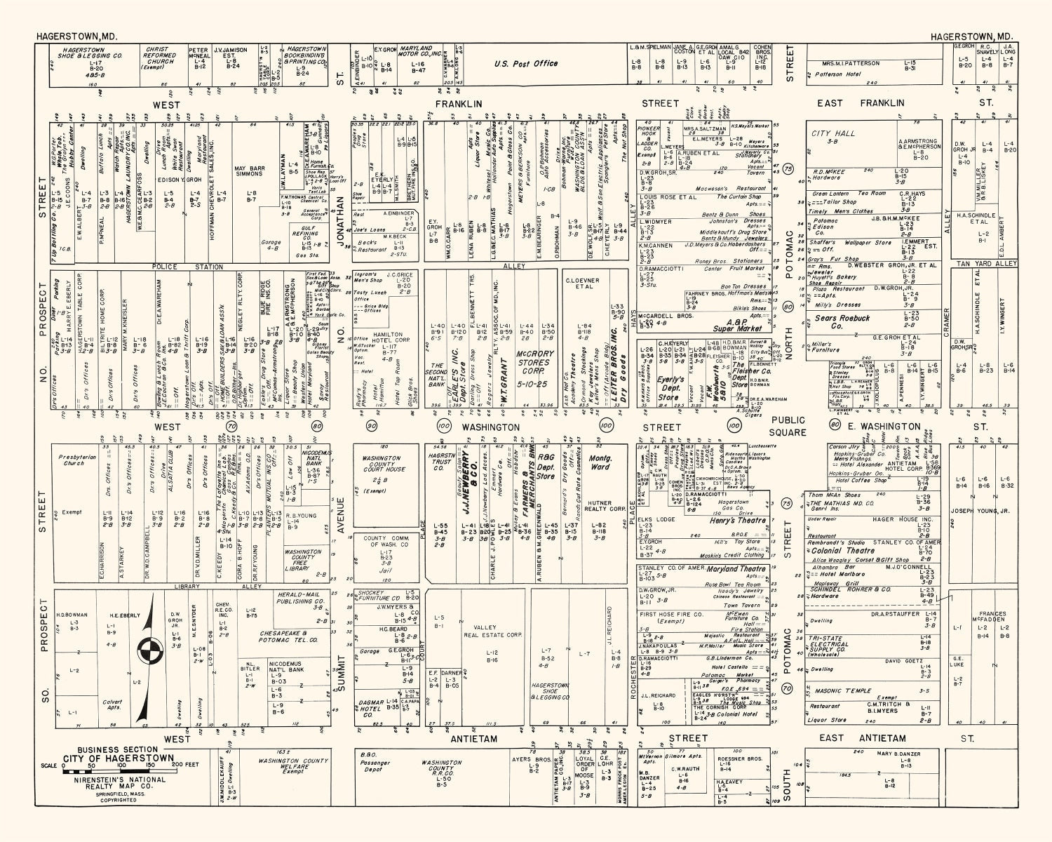 Vintage Map of Hagerstown, MD Business Section 1947
