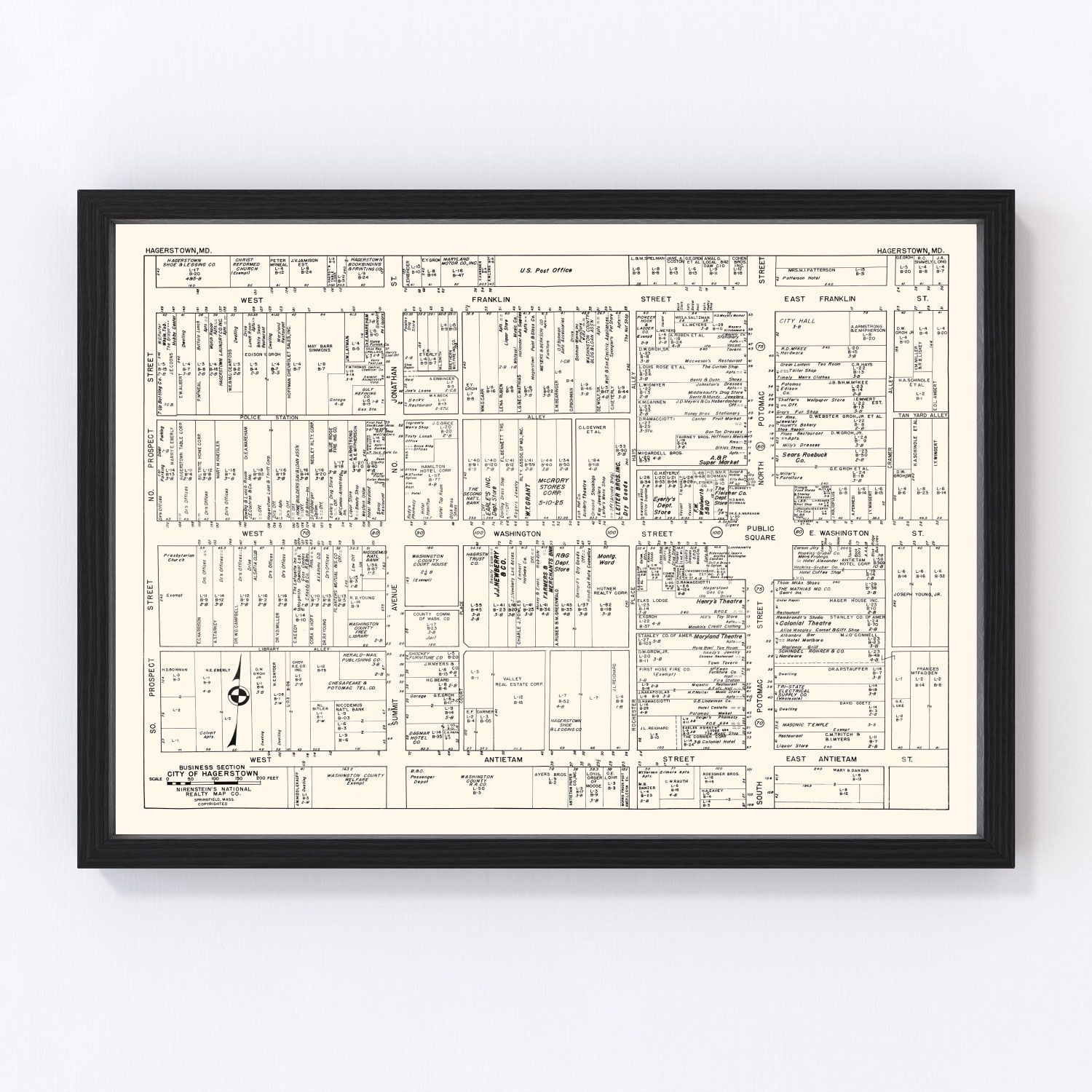 Vintage Map of Hagerstown, MD Business Section 1947