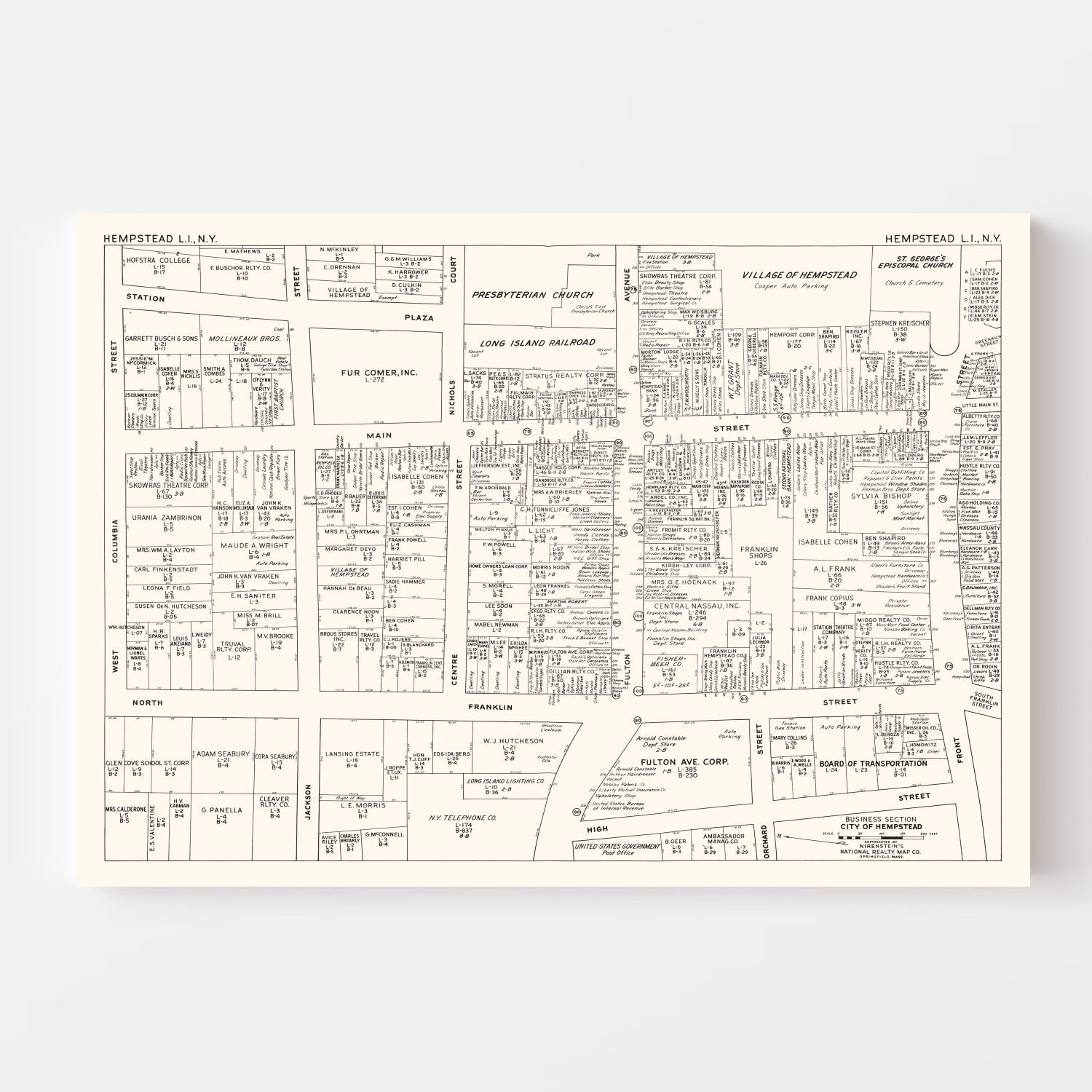 Vintage Map of Hempstead, NY Business Section 1947