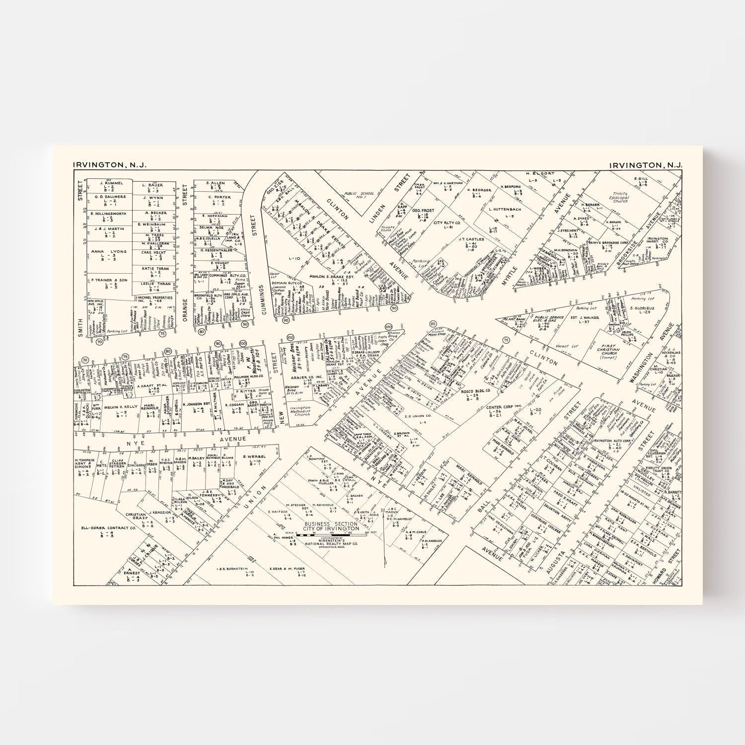 Vintage Map of Irvington, NJ Business Section 1947