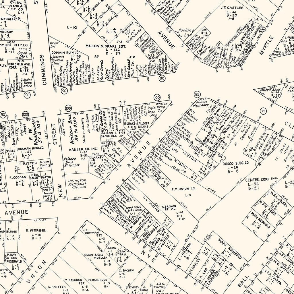 Vintage Map of Irvington, NJ Business Section 1947