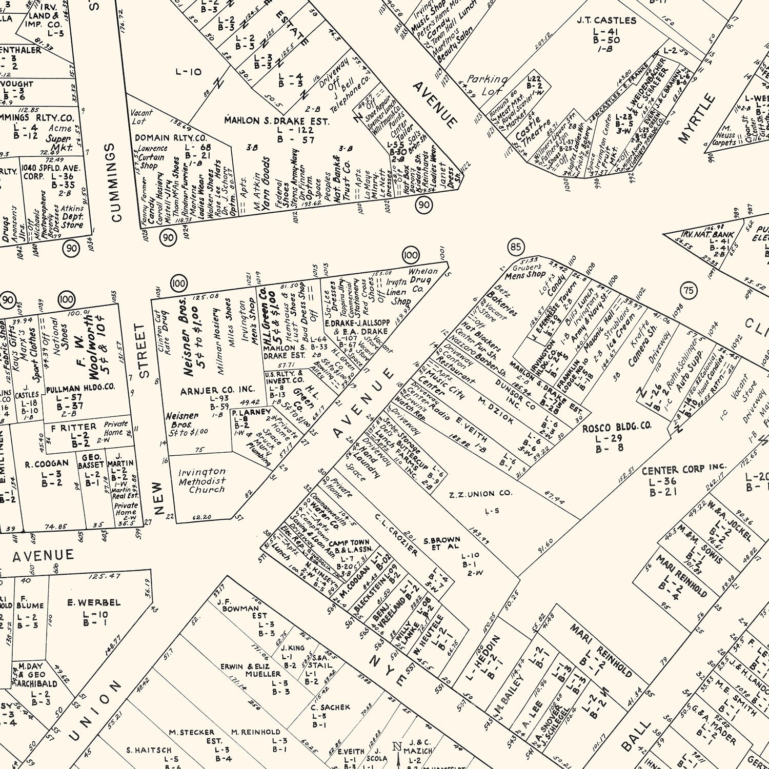 Vintage Map of Irvington, NJ Business Section 1947
