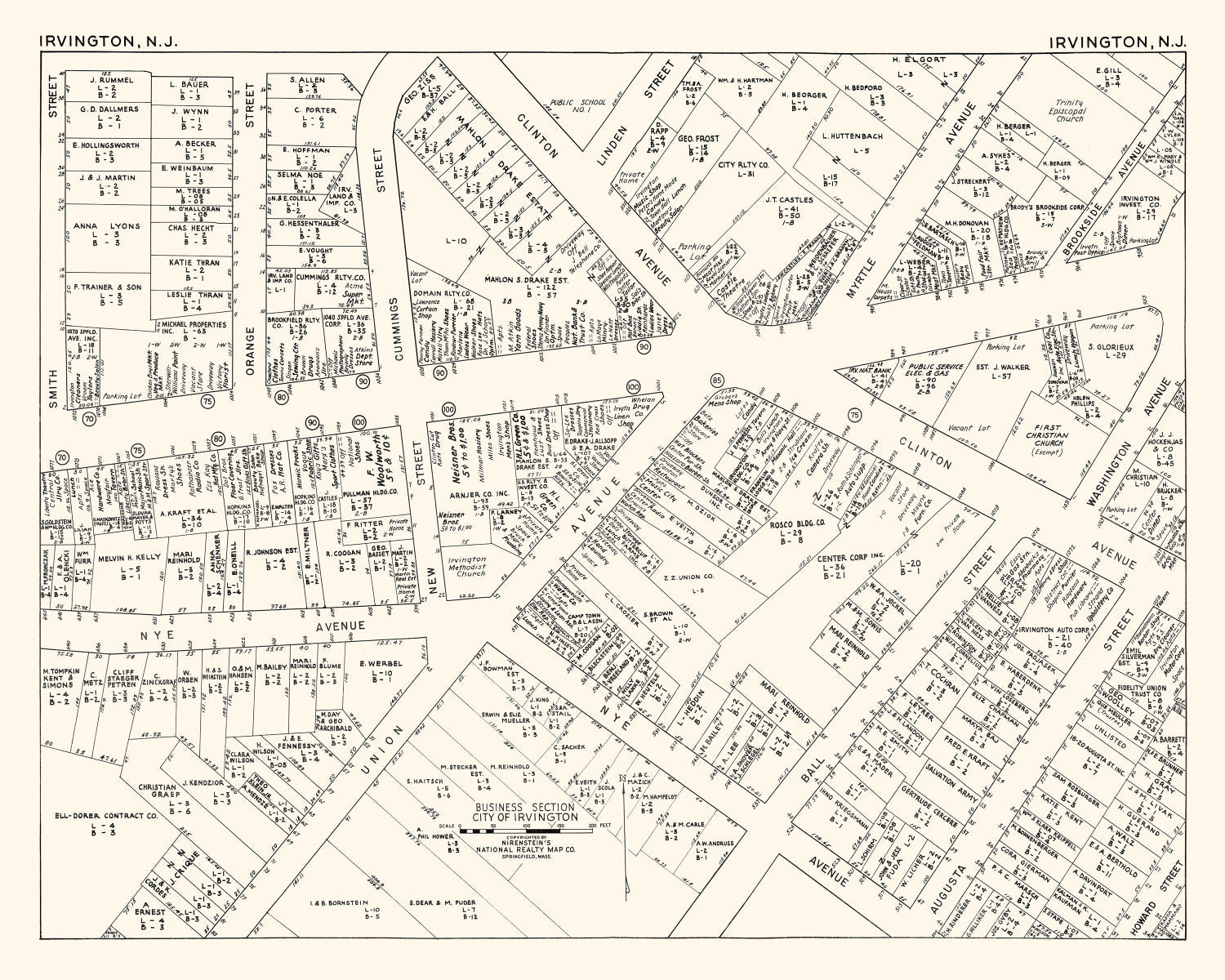 Vintage Map of Irvington, NJ Business Section 1947