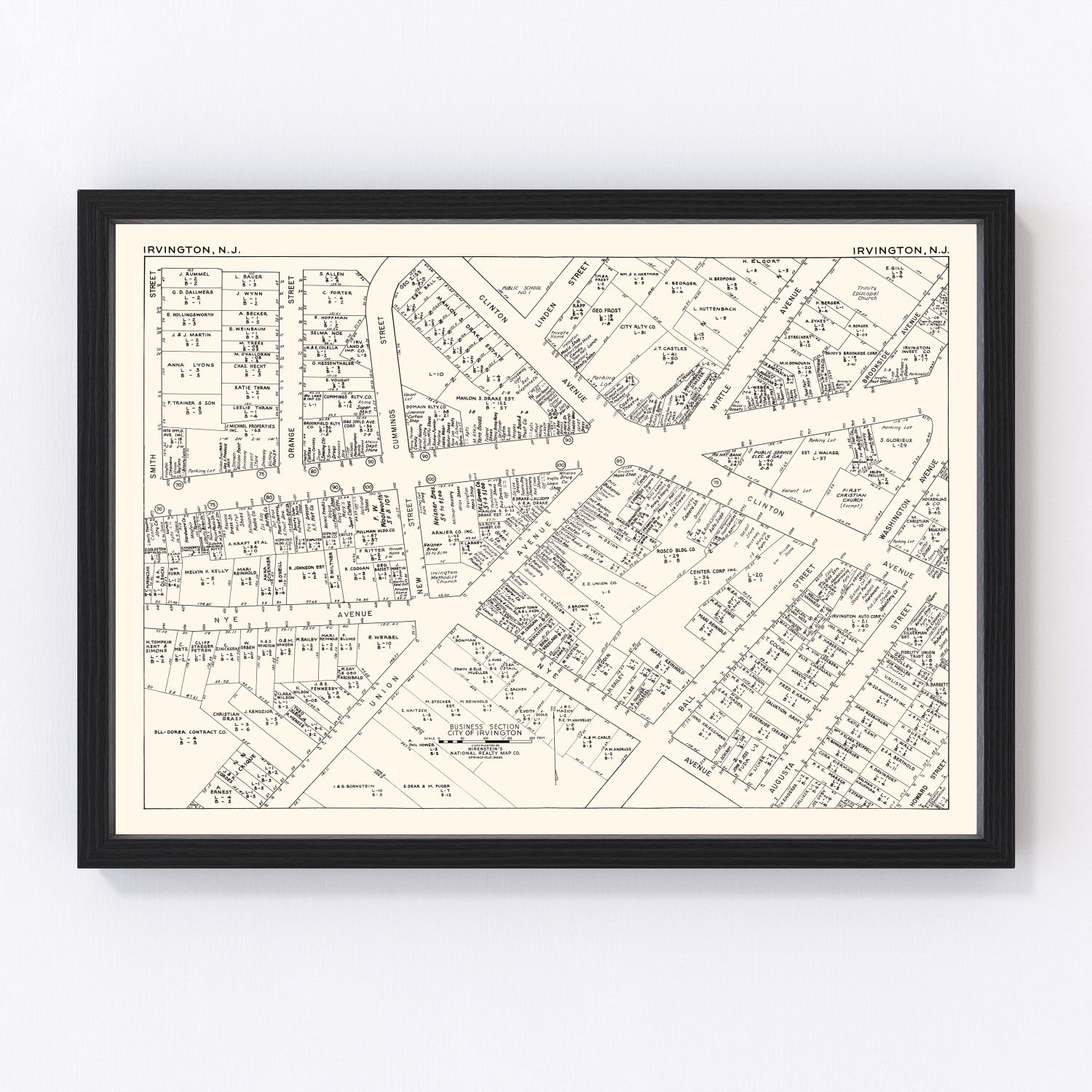 Vintage Map of Irvington, NJ Business Section 1947