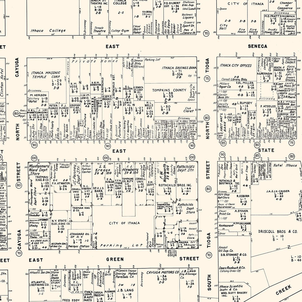 Vintage Map of Ithaca, NY Business Section 1947