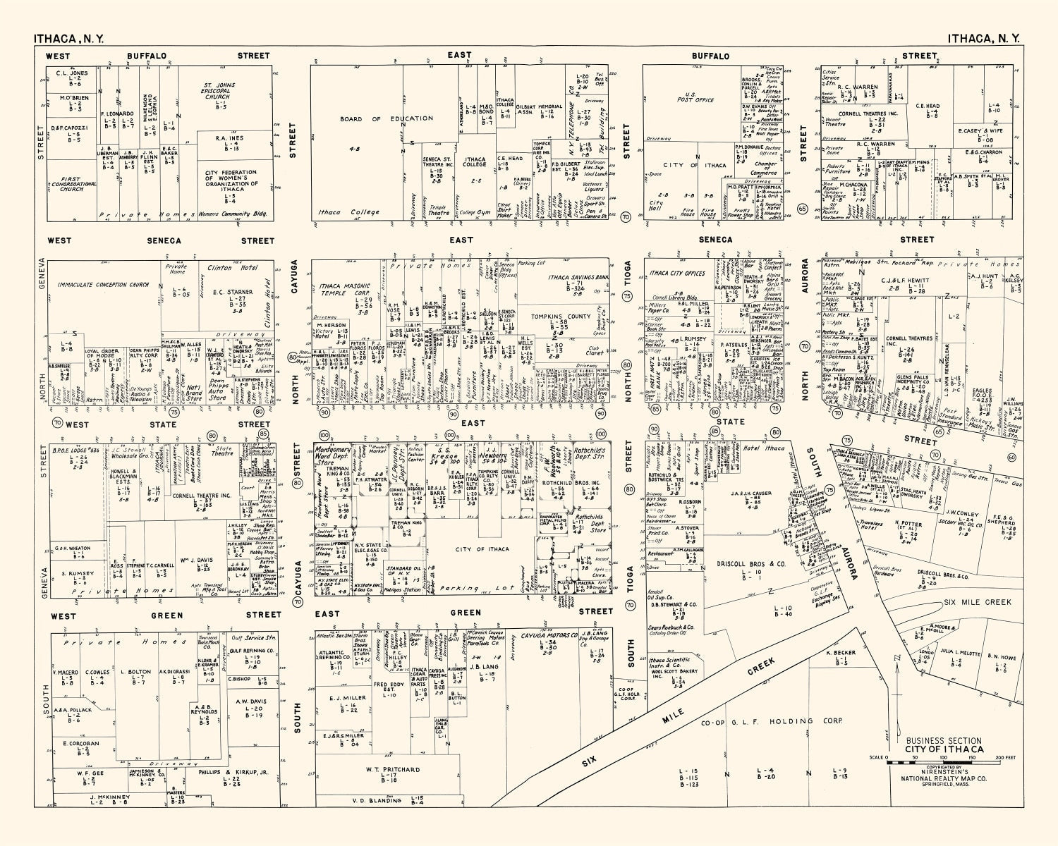 Vintage Map of Ithaca, NY Business Section 1947