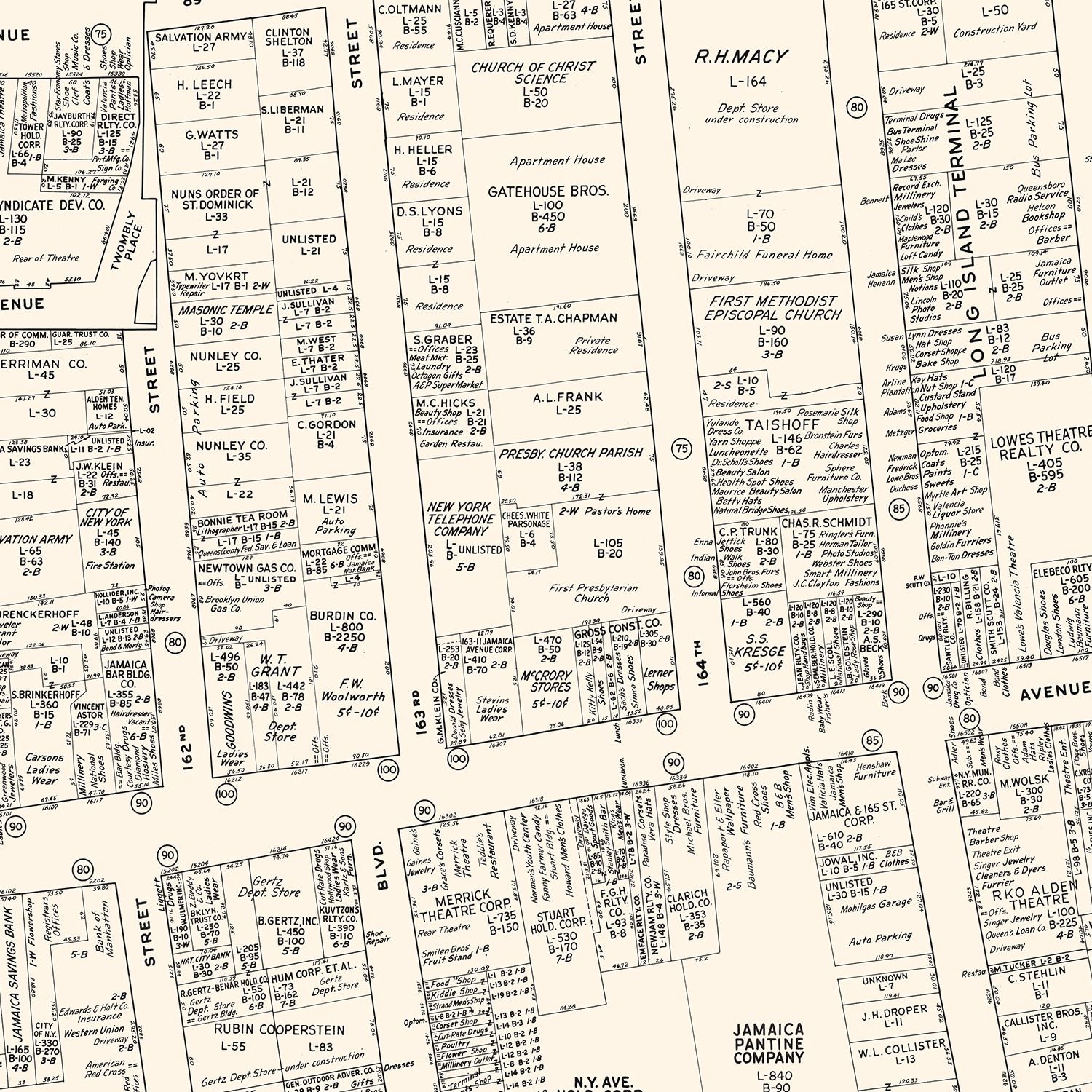 Vintage Map of Jamaica, NY Business Section 1947
