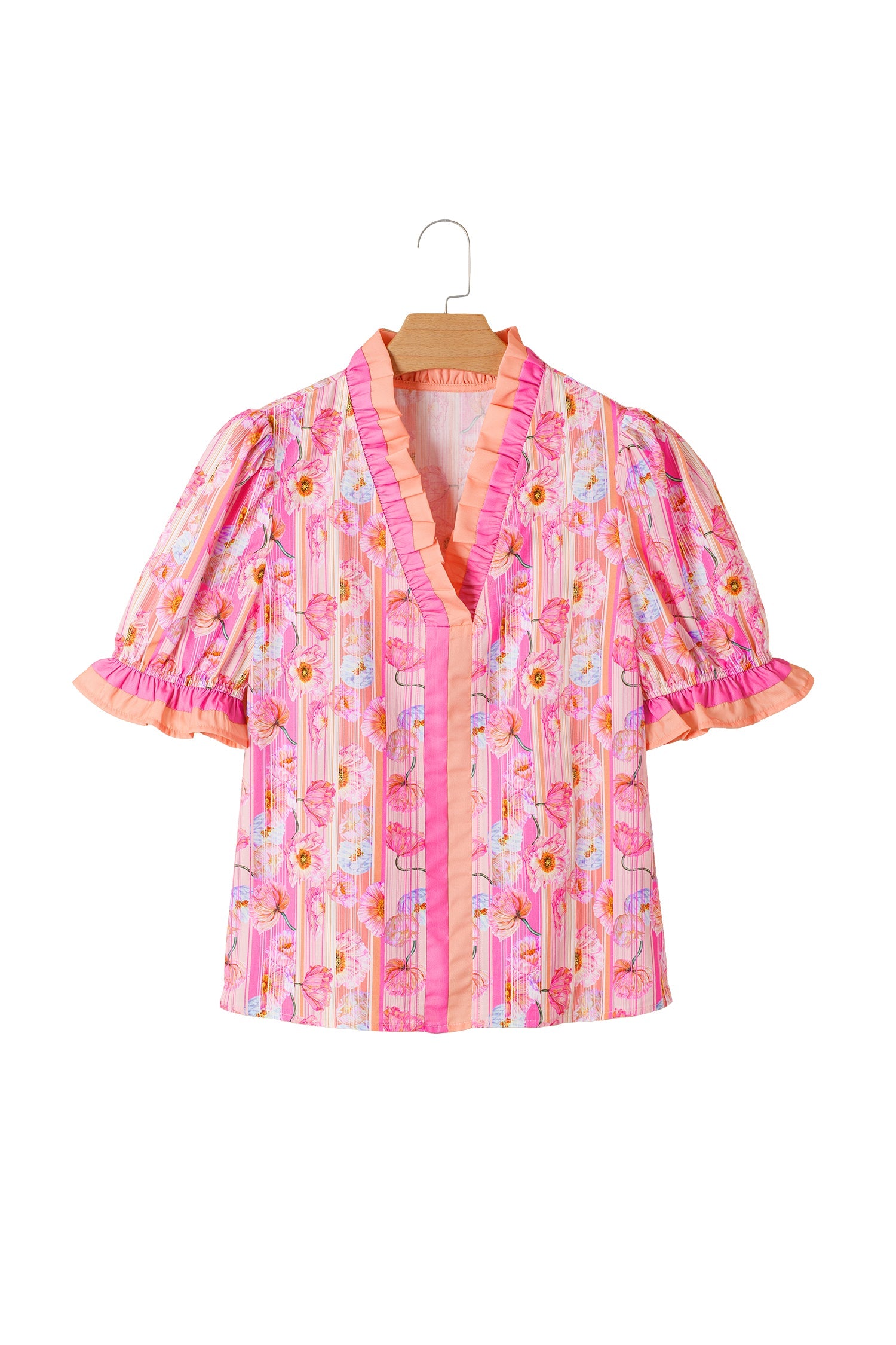 Floral Poppy Stripe Colorblock V-Neck Short Sleeve Blouse