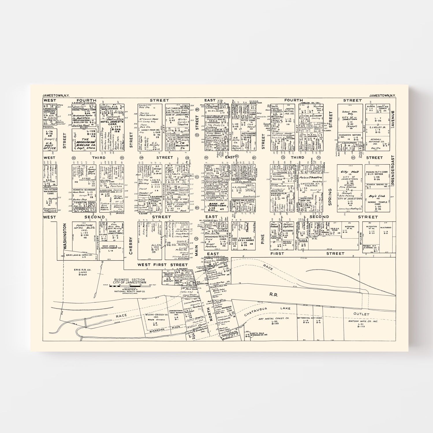 Vintage Map of Jamestown, NY Business Section 1947