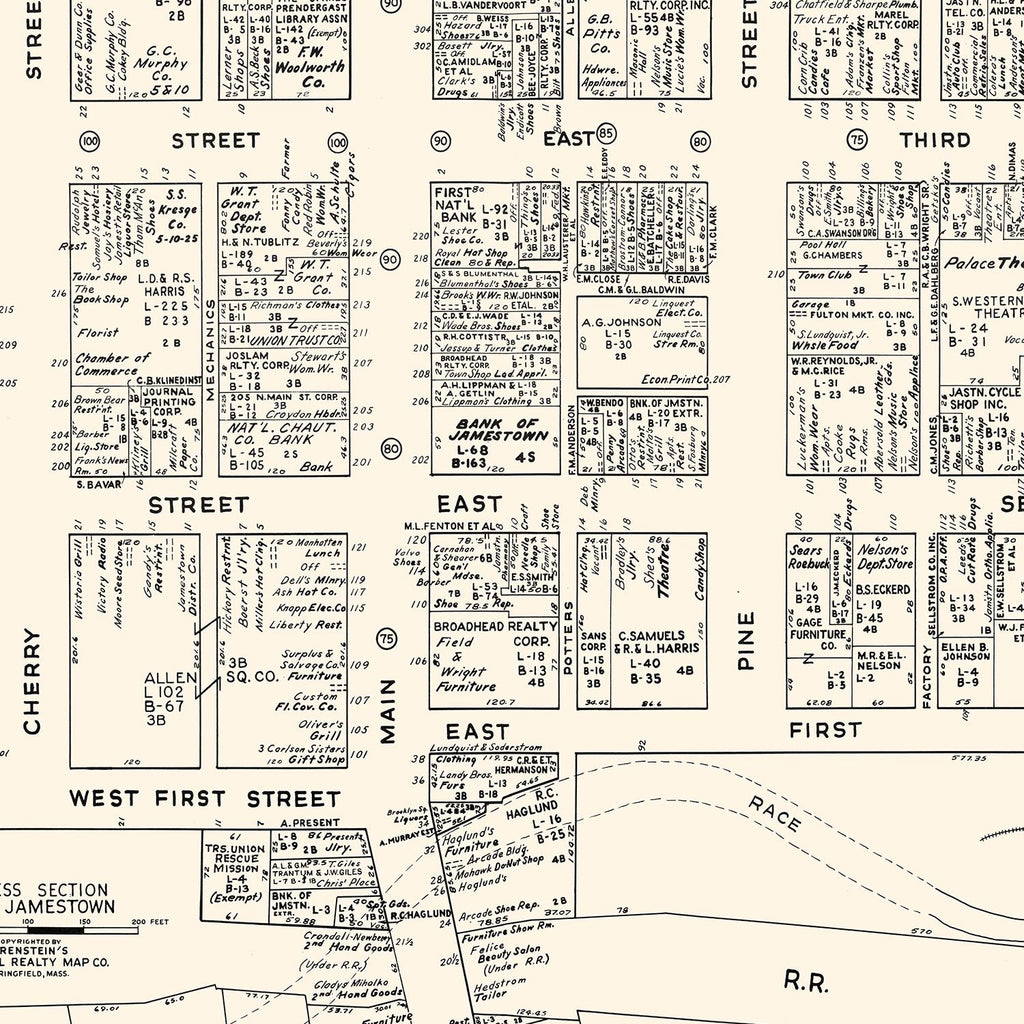 Vintage Map of Jamestown, NY Business Section 1947