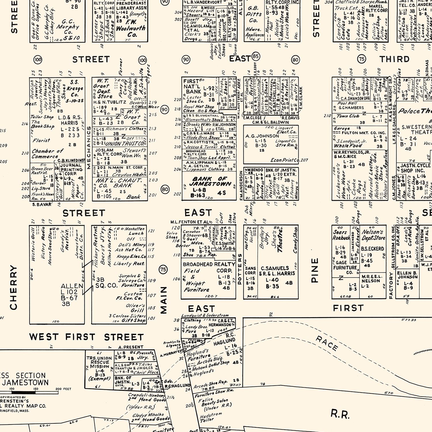Vintage Map of Jamestown, NY Business Section 1947