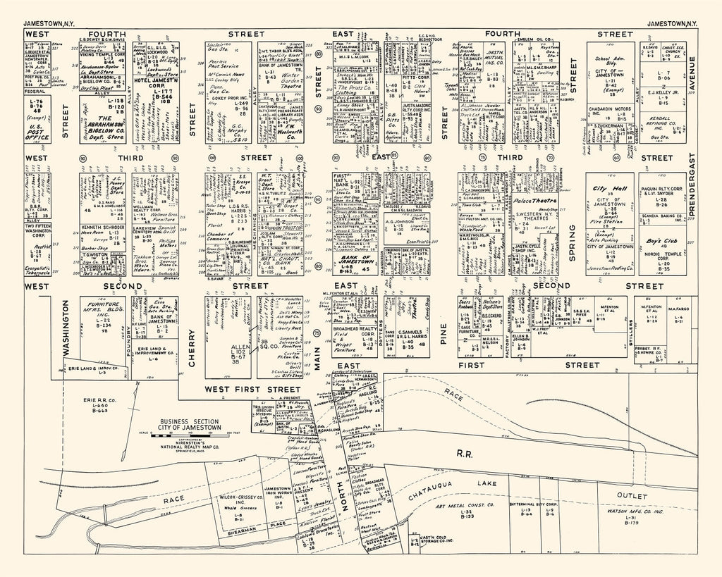 Vintage Map of Jamestown, NY Business Section 1947