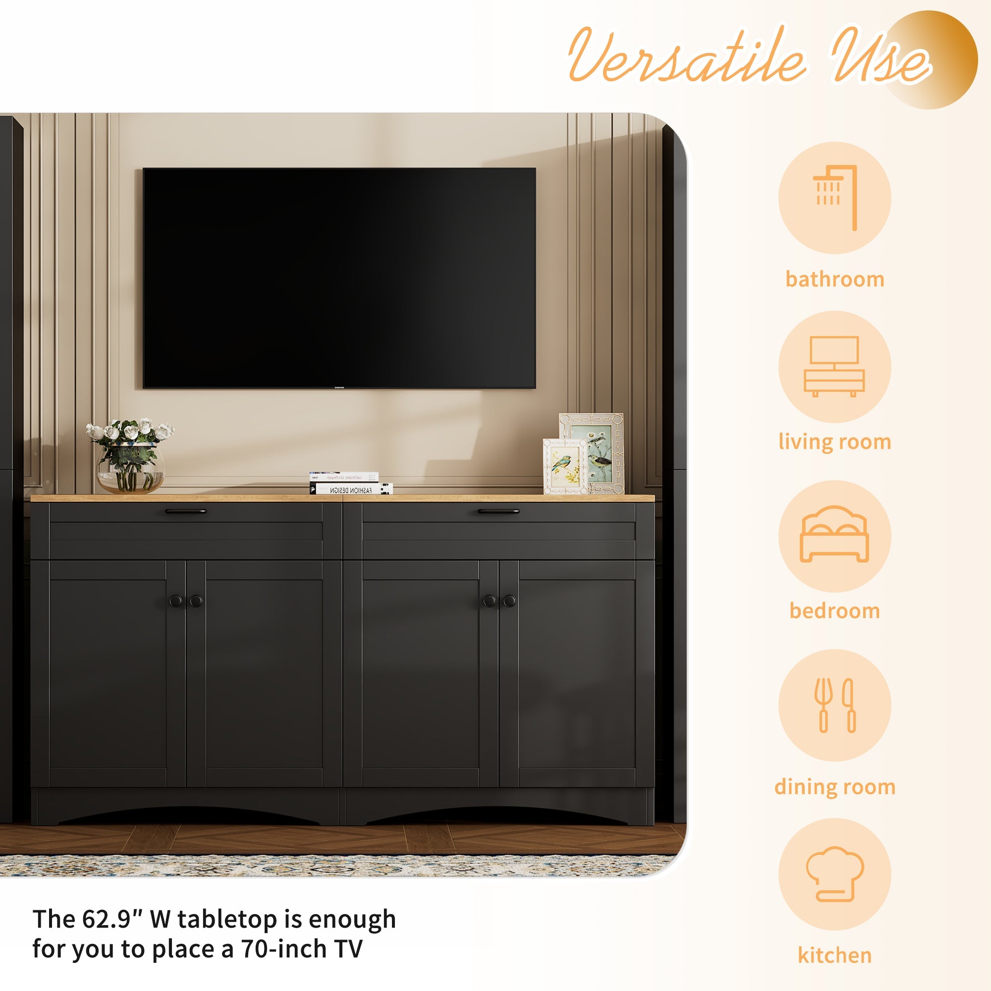 ON-TREND 3-Piece Farmhouse Entertainment Center with Storage Cabinet for TVs Up to 70', Mid-Century TV Stand with Bookshelf, Rustic Versatile Sideboard with Adjustable Shelves for Living Room, Black