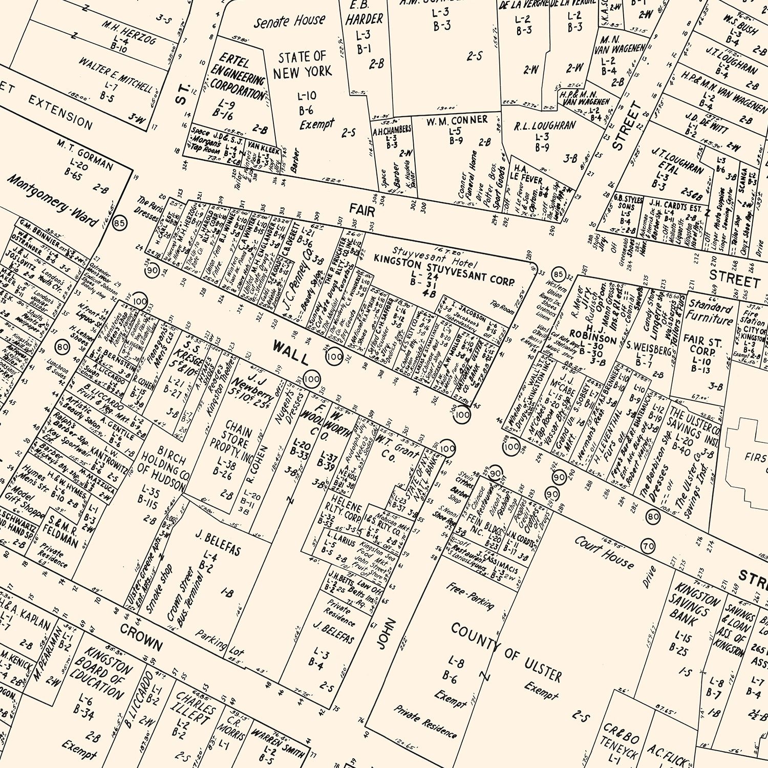 Vintage Map of Kingston, NY Business Section 1947