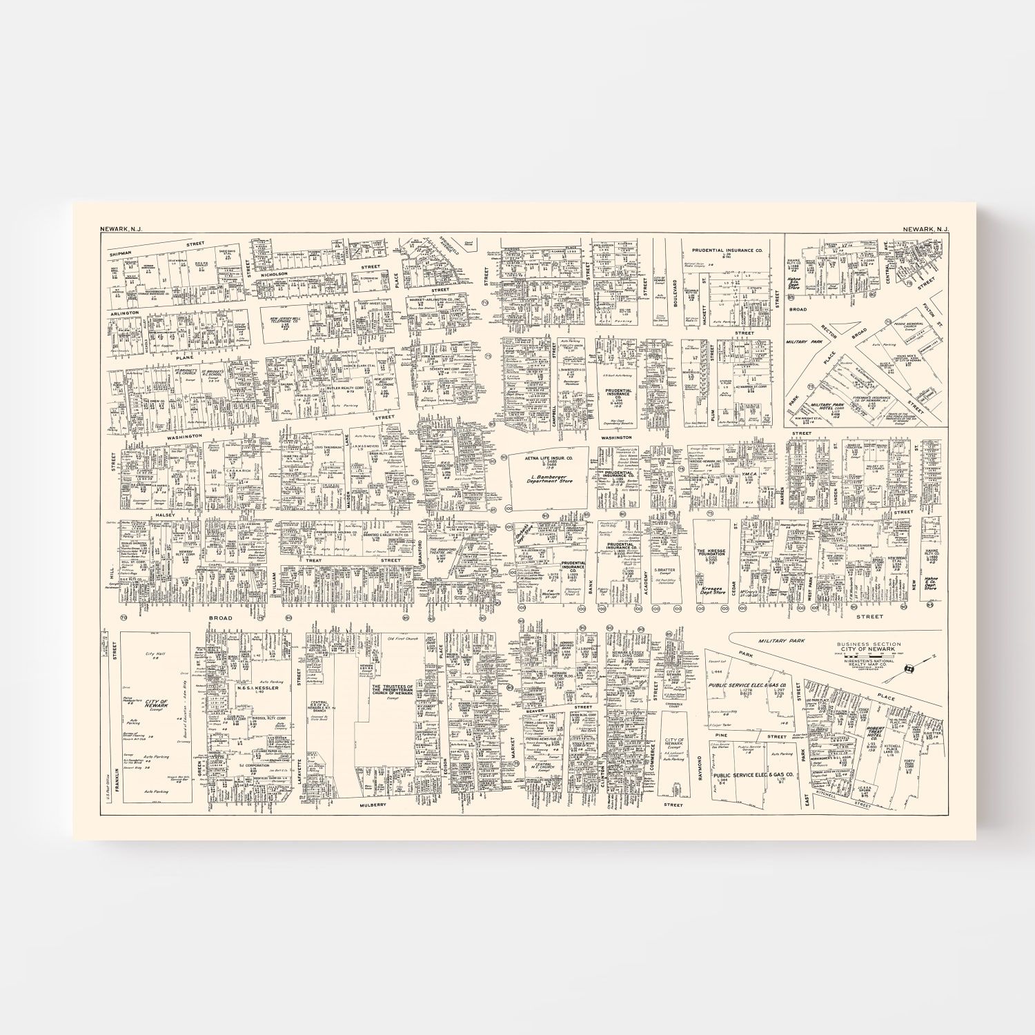Vintage Map of Newark, NJ Business Section 1947
