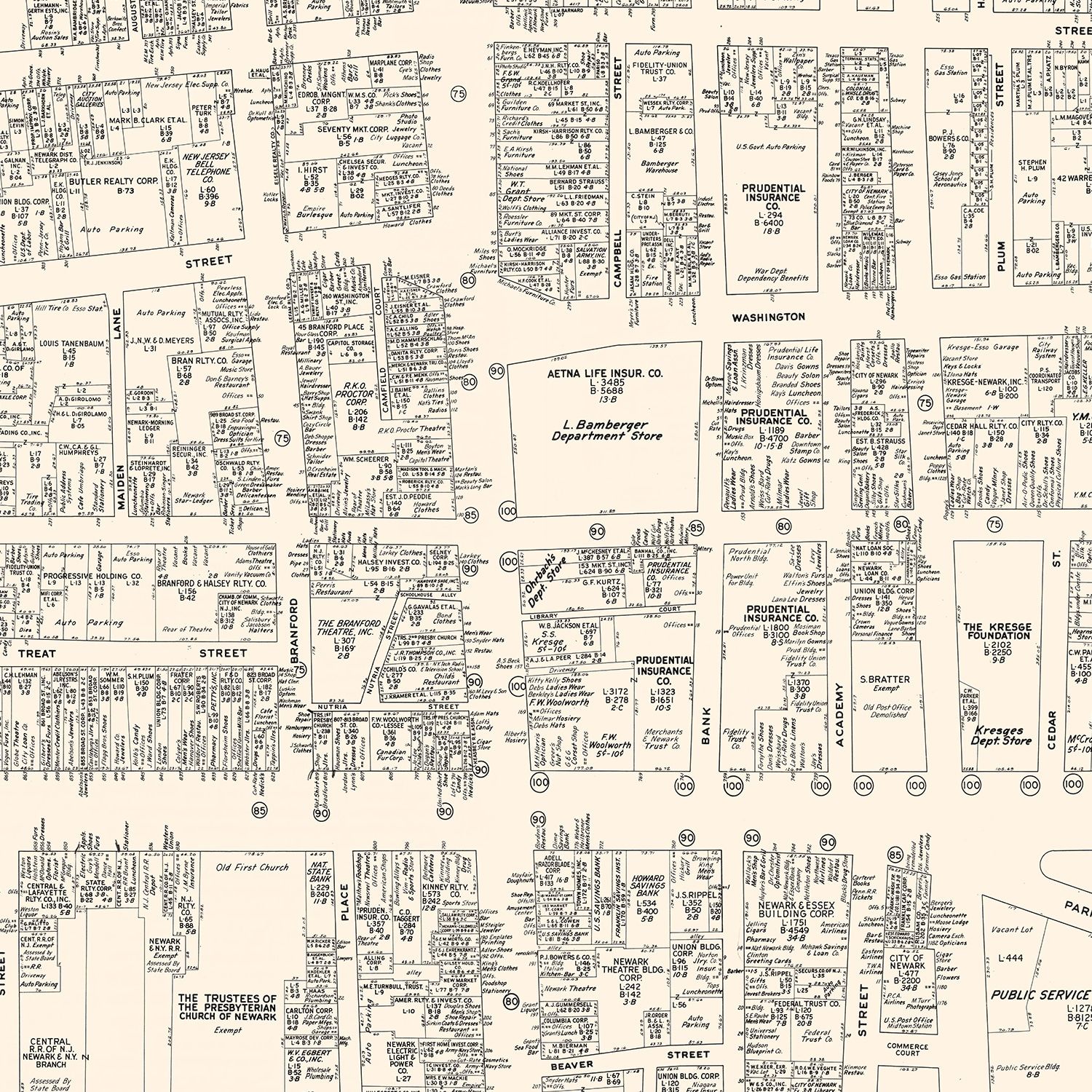Vintage Map of Newark, NJ Business Section 1947