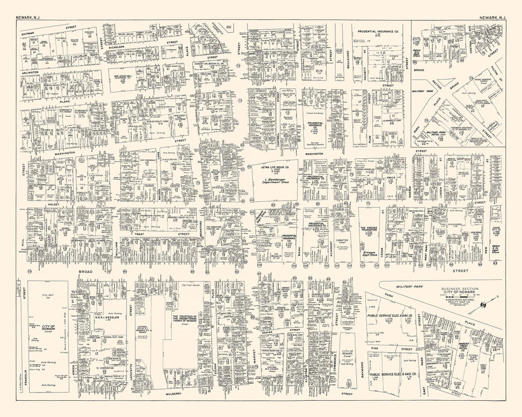 Vintage Map of Newark, NJ Business Section 1947