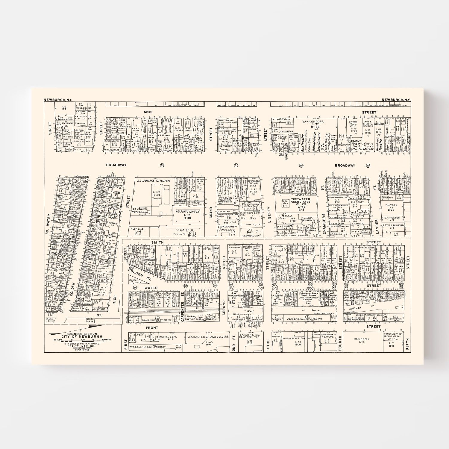 Vintage Map of Newburgh, NY Business Section 1947