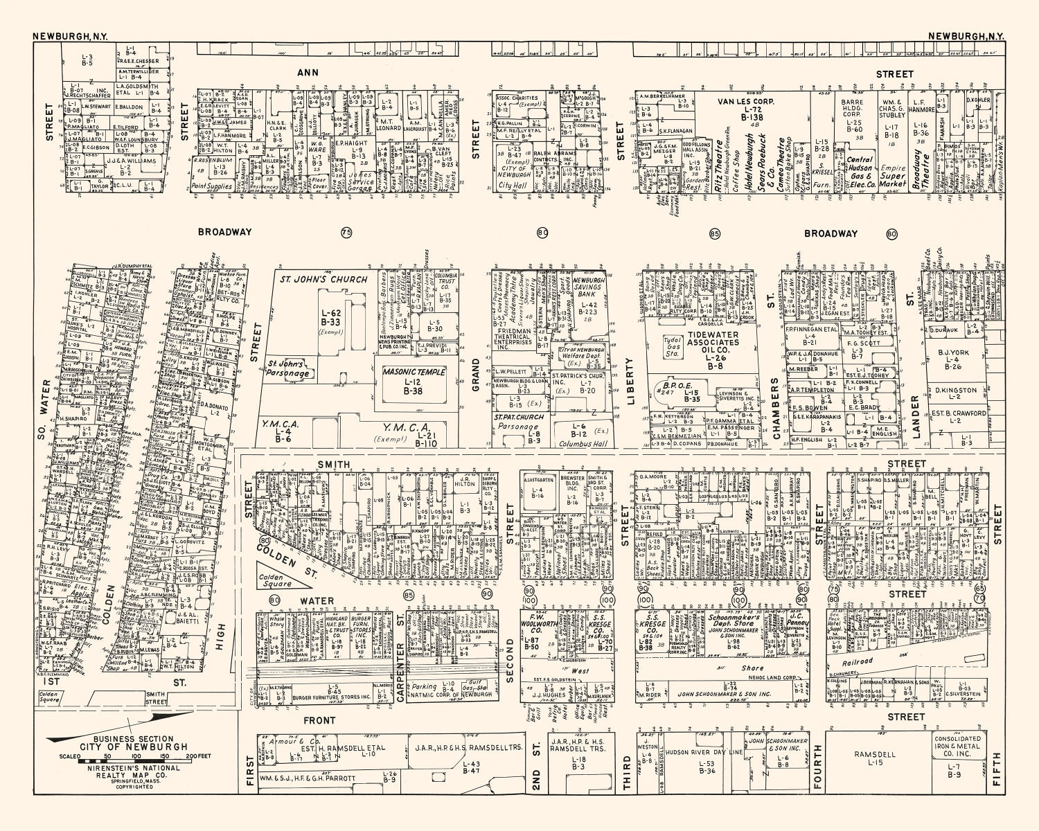 Vintage Map of Newburgh, NY Business Section 1947