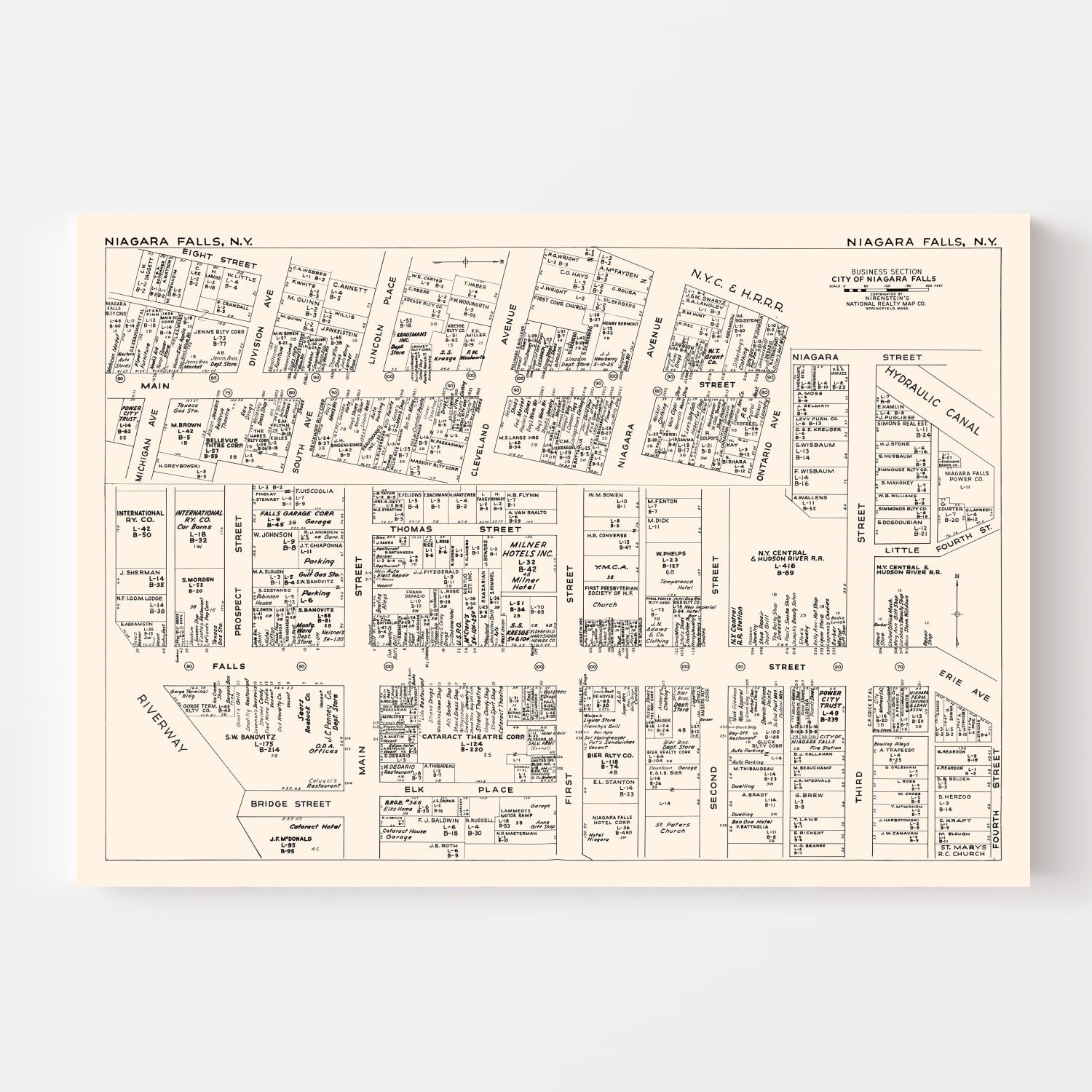 Vintage Map of Niagara Falls, NY Business Section 1947