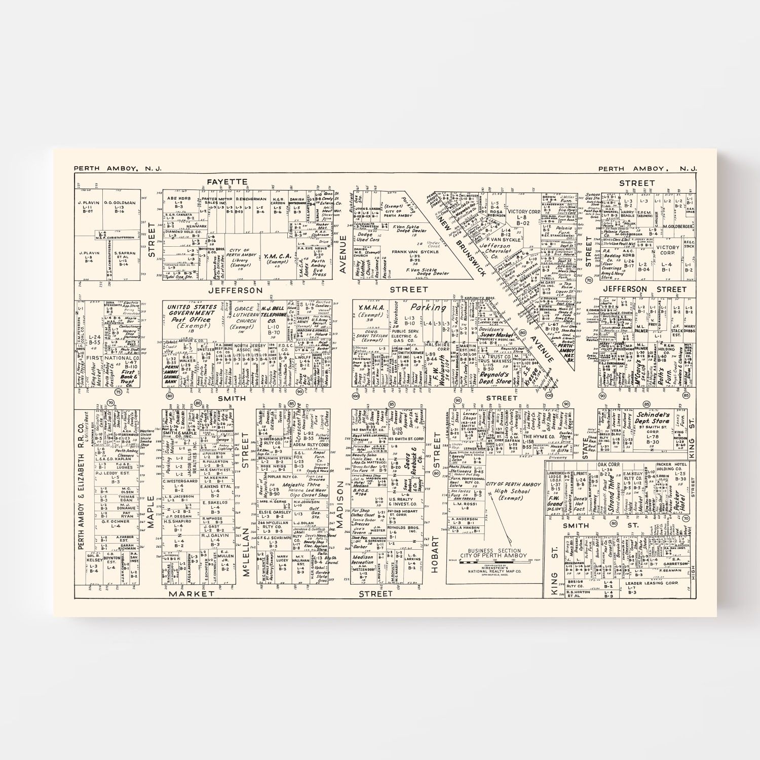Vintage Map of Perth Amboy, NJ Business Section 1947