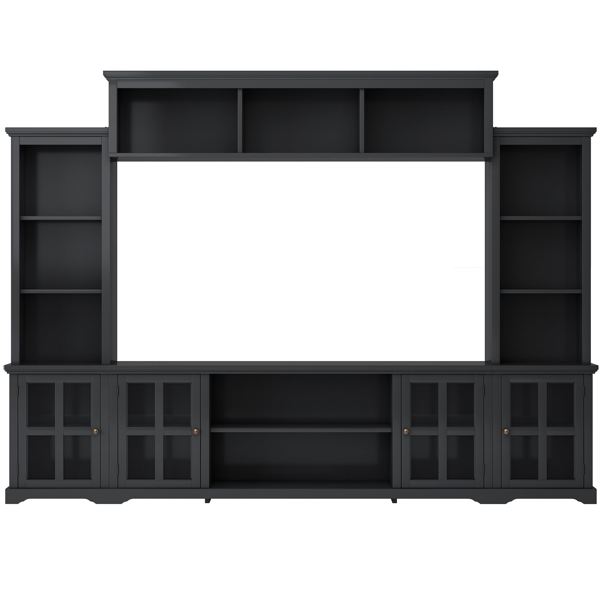 [VIDEO provided] ON-TREND Minimalism Entertainment Wall Unit with Bridge, Modern TV Console Table for TVs Up to 70', Multifunctional TV Stand with Tempered Glass Door, Black (Old SKU: SD000009AAB)