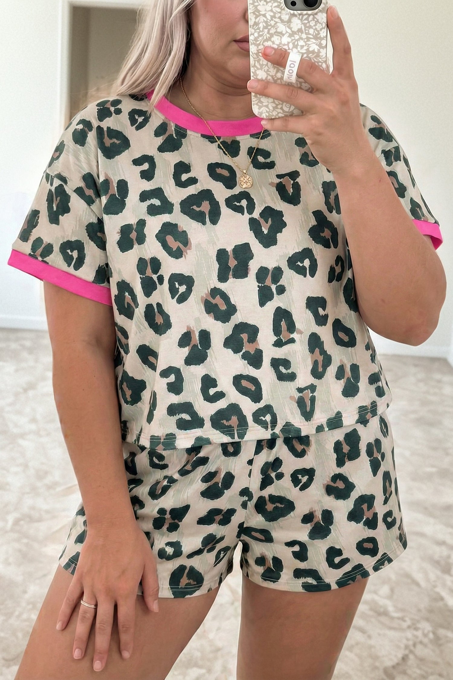 Plus Size Leopard Colorblock Top & High Waist Shorts