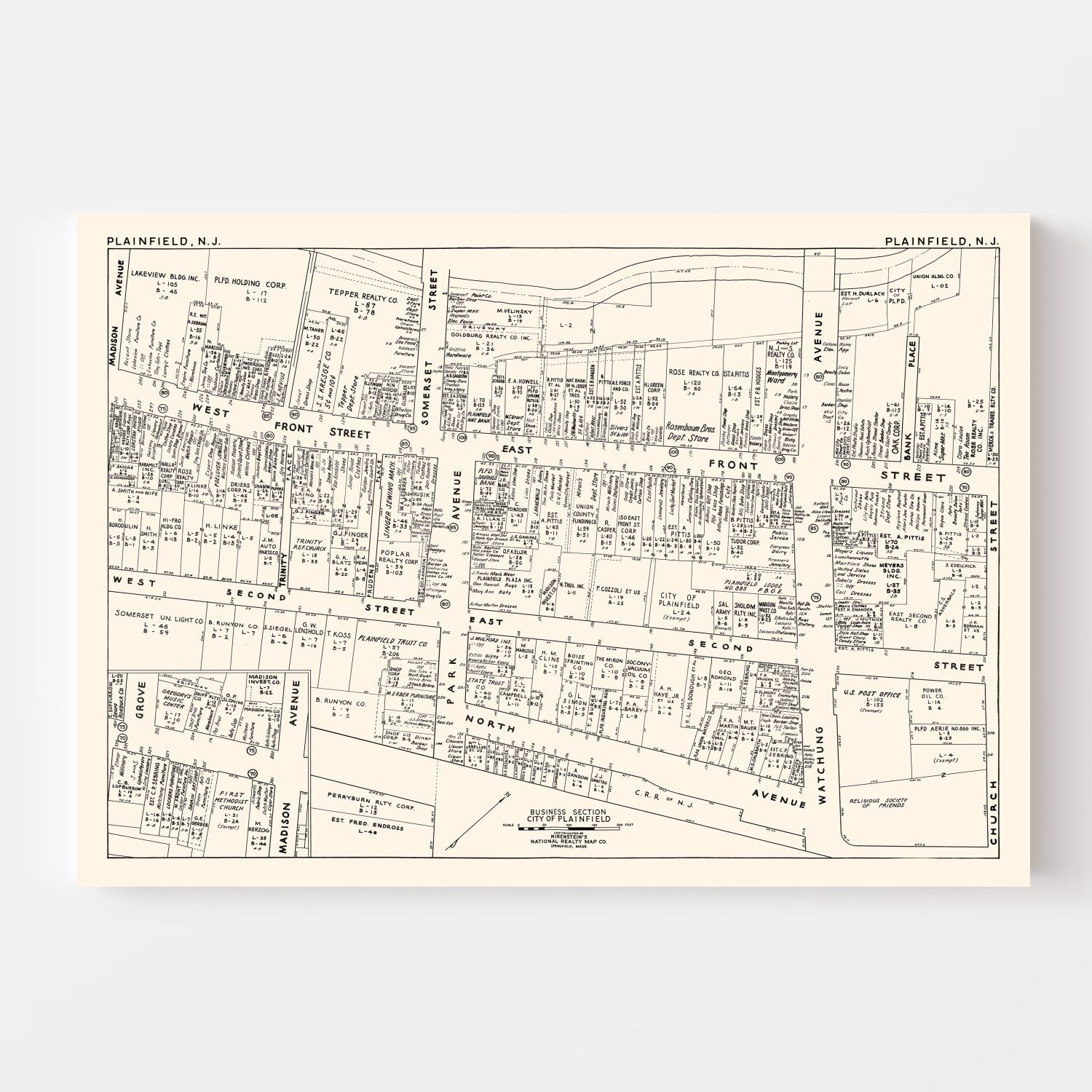 Vintage Map of Plainfield, NJ Business Section 1947