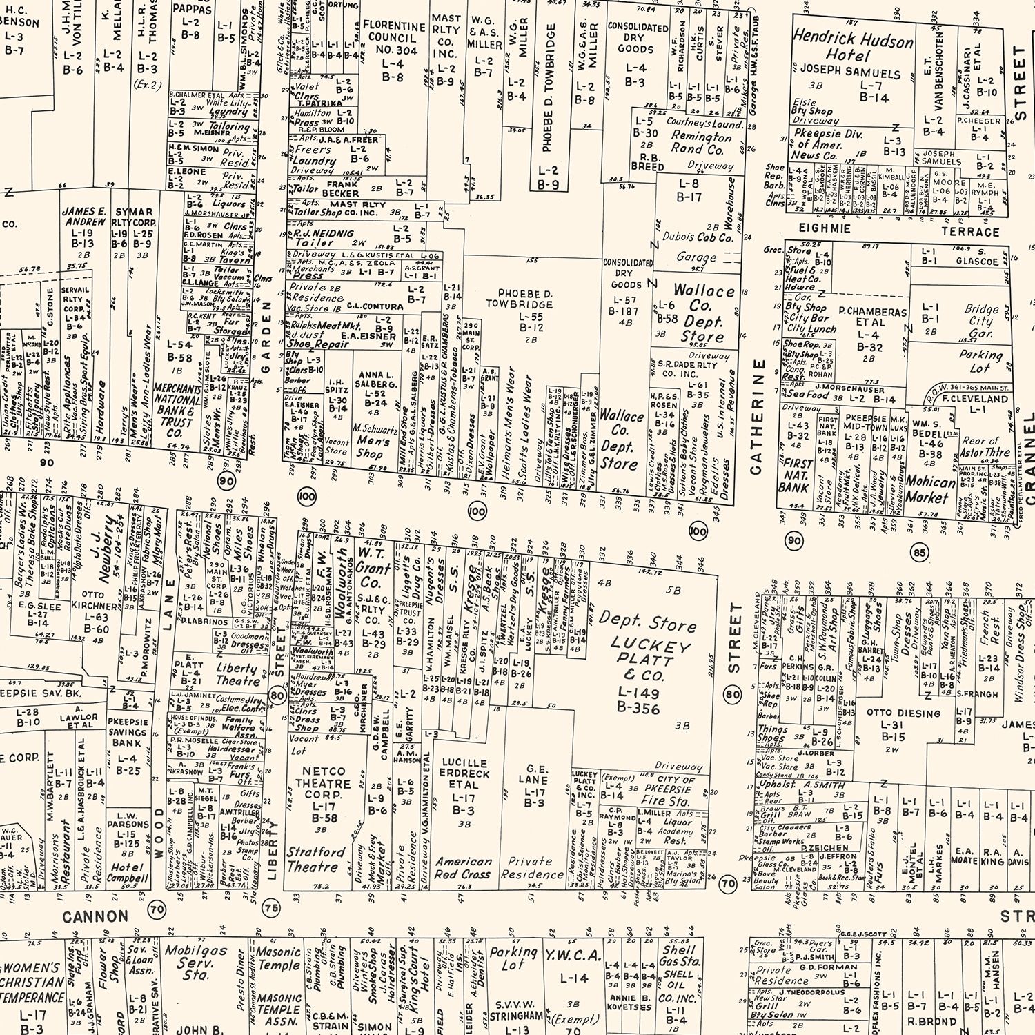 Vintage Map of Poughkeepsie, NY Business Section 1947