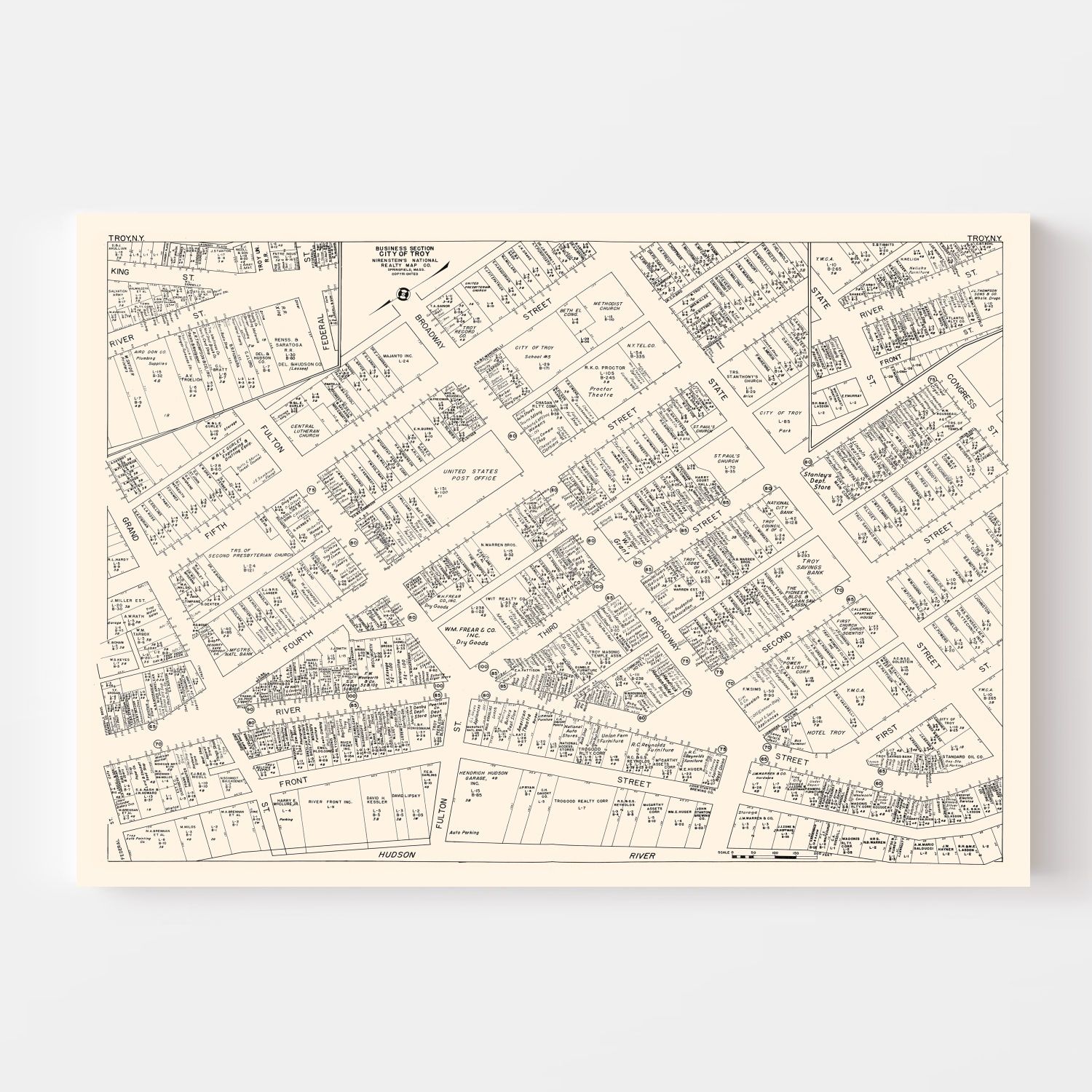 Vintage Map of Troy, NY Business Section 1947