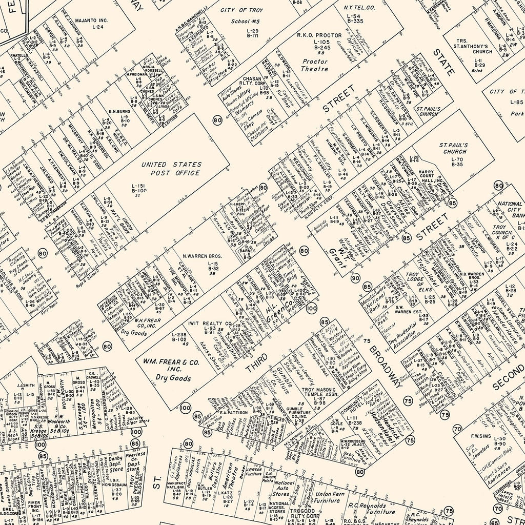 Vintage Map of Troy, NY Business Section 1947