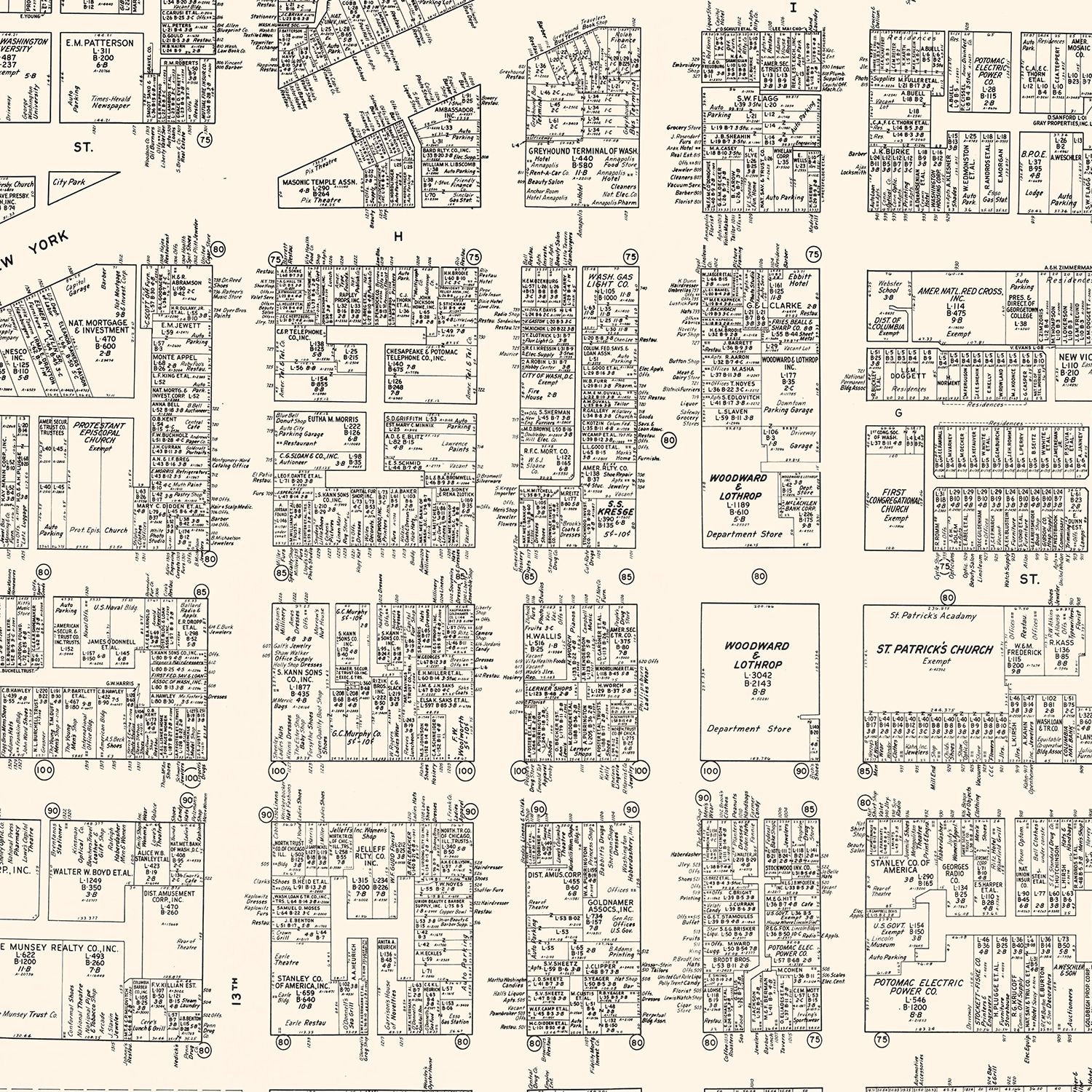 Vintage Map of Washington D.C., DC Business Section 1947