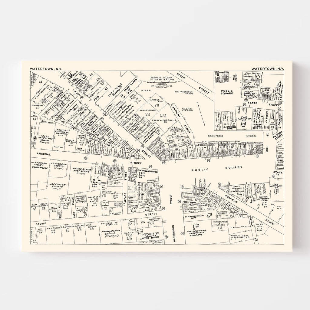 Vintage Map of Watertown, NY Business Section 1947