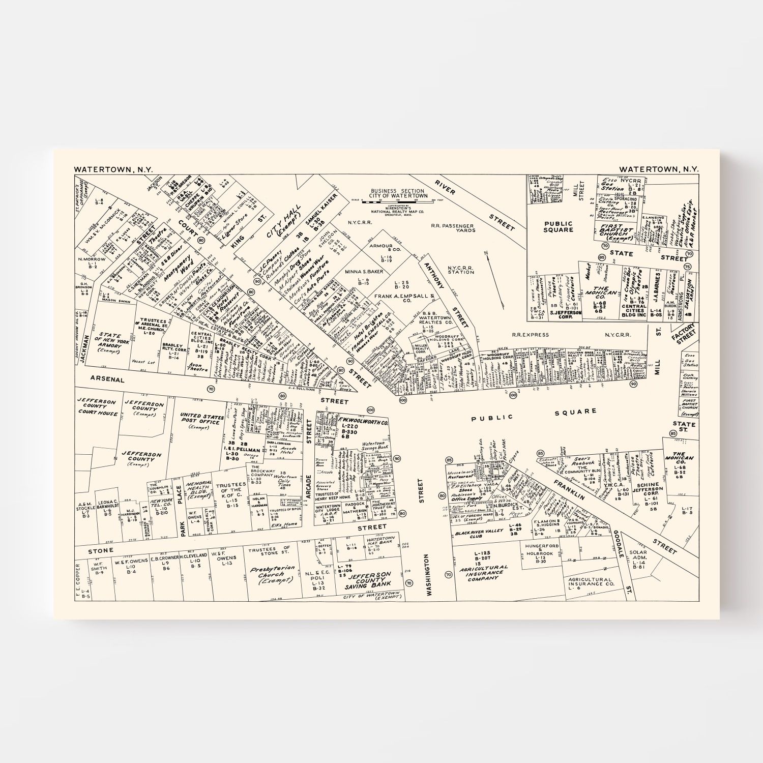 Vintage Map of Watertown, NY Business Section 1947