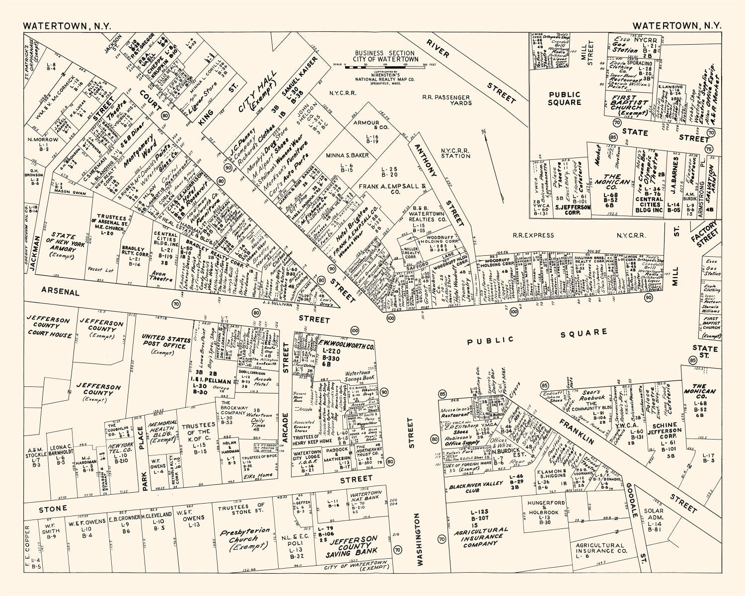 Vintage Map of Watertown, NY Business Section 1947