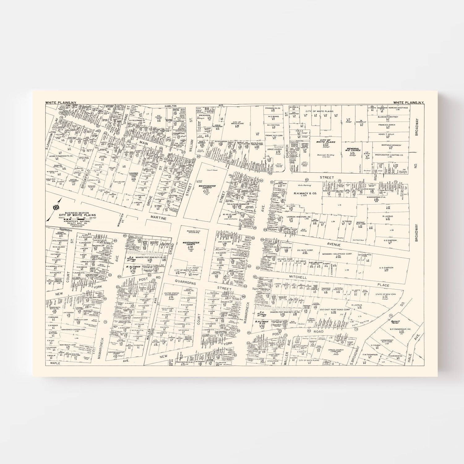 Vintage Map of White Plain, NY Business Section 1947